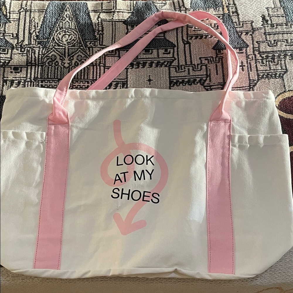 DSW White Canvas Tote with Pink Straps and Graphic